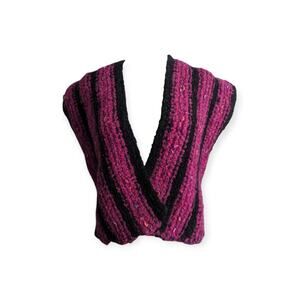 Handknit Angora Blend Short Boucle Ruana Sweater ~ Magenta & black